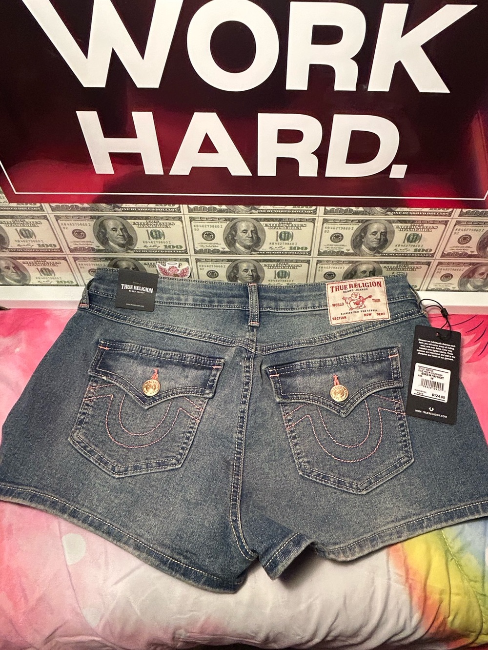 True Religion Medium Blue Denim Shorts with Pink Accent Stitching